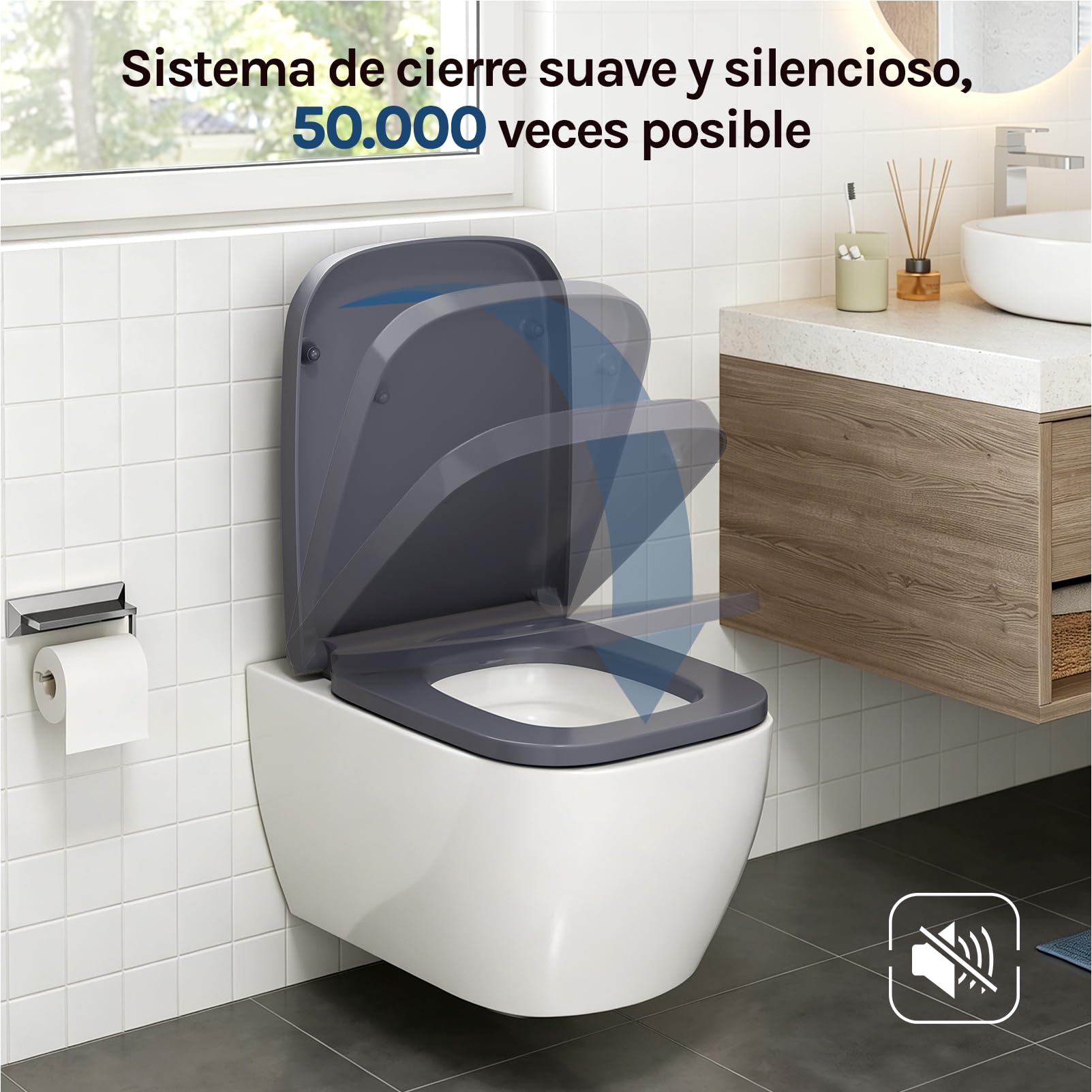 WOLTU Tapa de inodoro con descenso automático, asiento de inodoro rectangular, de termoplástico, liberación rápida para facilitar la limpieza, con bisagras ajustables, soporta hasta 175 kg, color azul