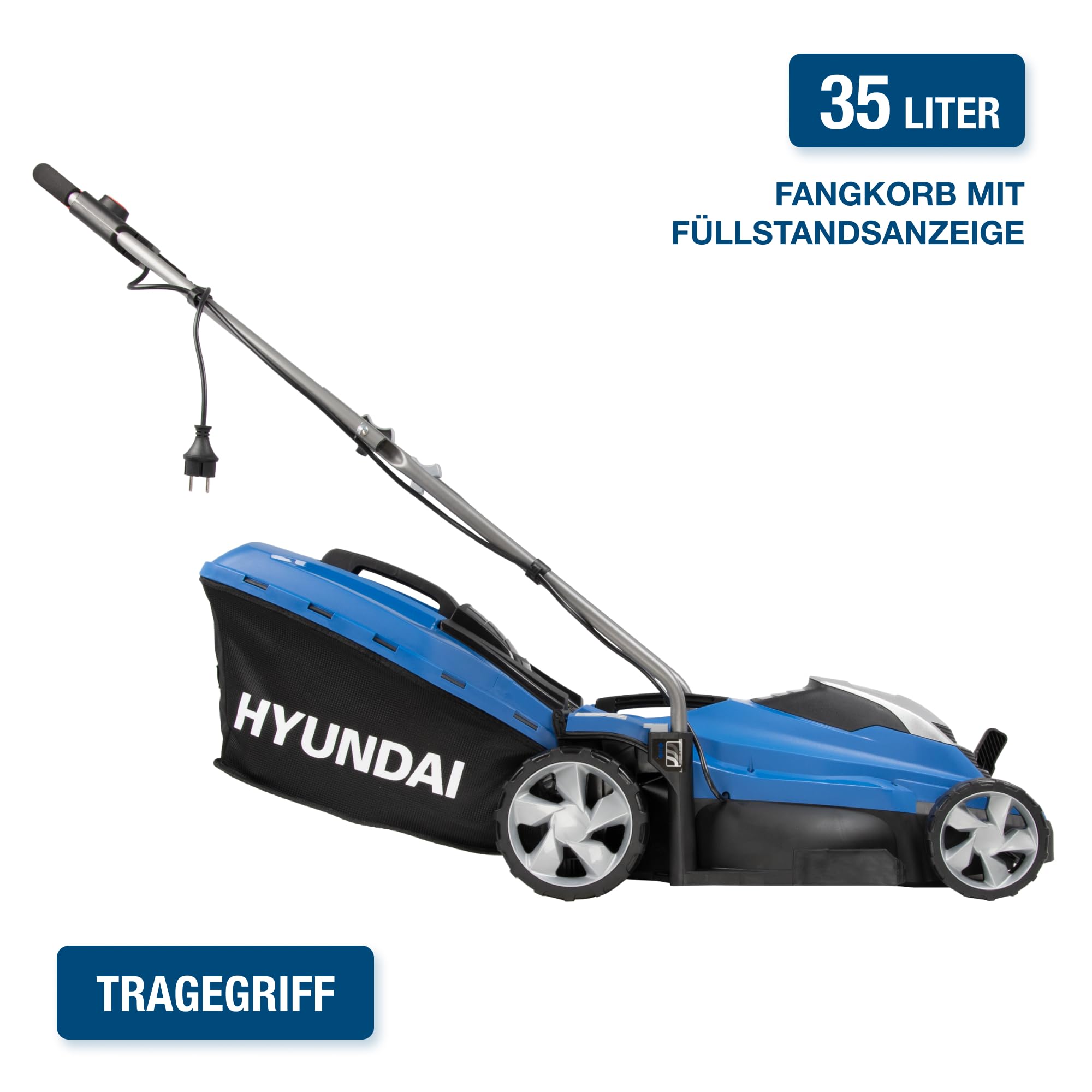 HYUNDAI Elektro-Rasenmäher LM3301E mit Mulchfunktion, Elektromäher, Mulcher, Mäher (33cm, 1300W, 35L Korb, 5-fache zentrale Höhenverstellung)