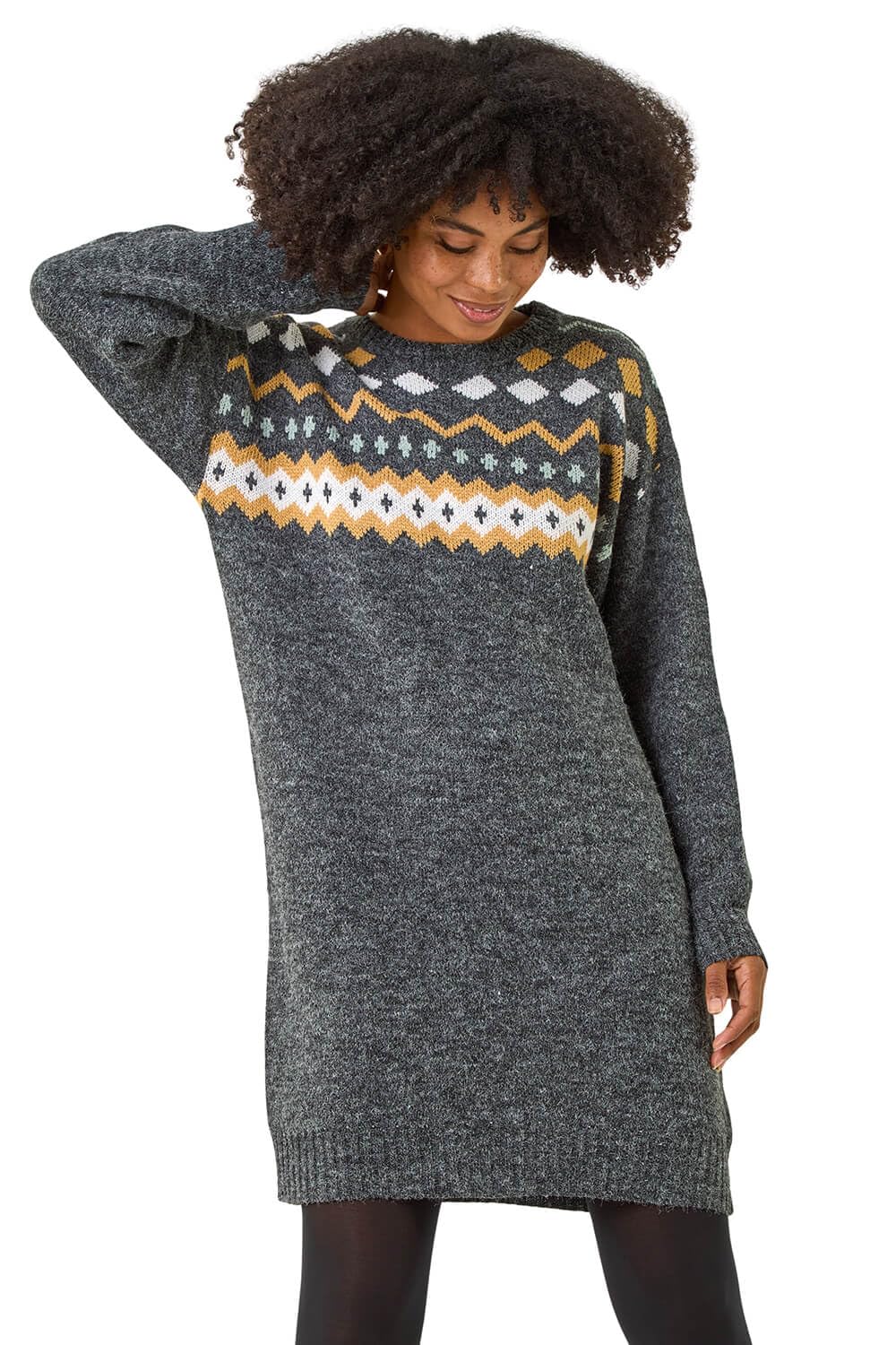 Roman Women's Nordic Print Knitted Jumper Dress in Dark Grey | Size: 18