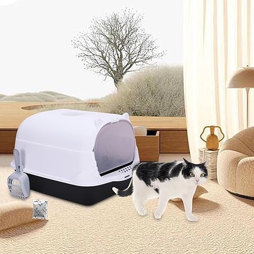 Miniatura 5 de AWHAO Caja de arena cerrada para gatos con capucha y puerta, contenedor portátil para gatos de interior, caja de arena para gatos, orinal para