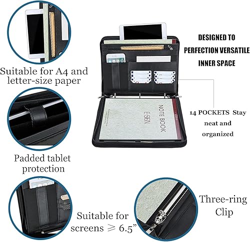 Miniatura 4 de IVESIGN Carpeta con cremallera, organizador de piel sintética con carpeta de 3 anillas, diseño para zurdos, ranuras para tarjetas de visita y