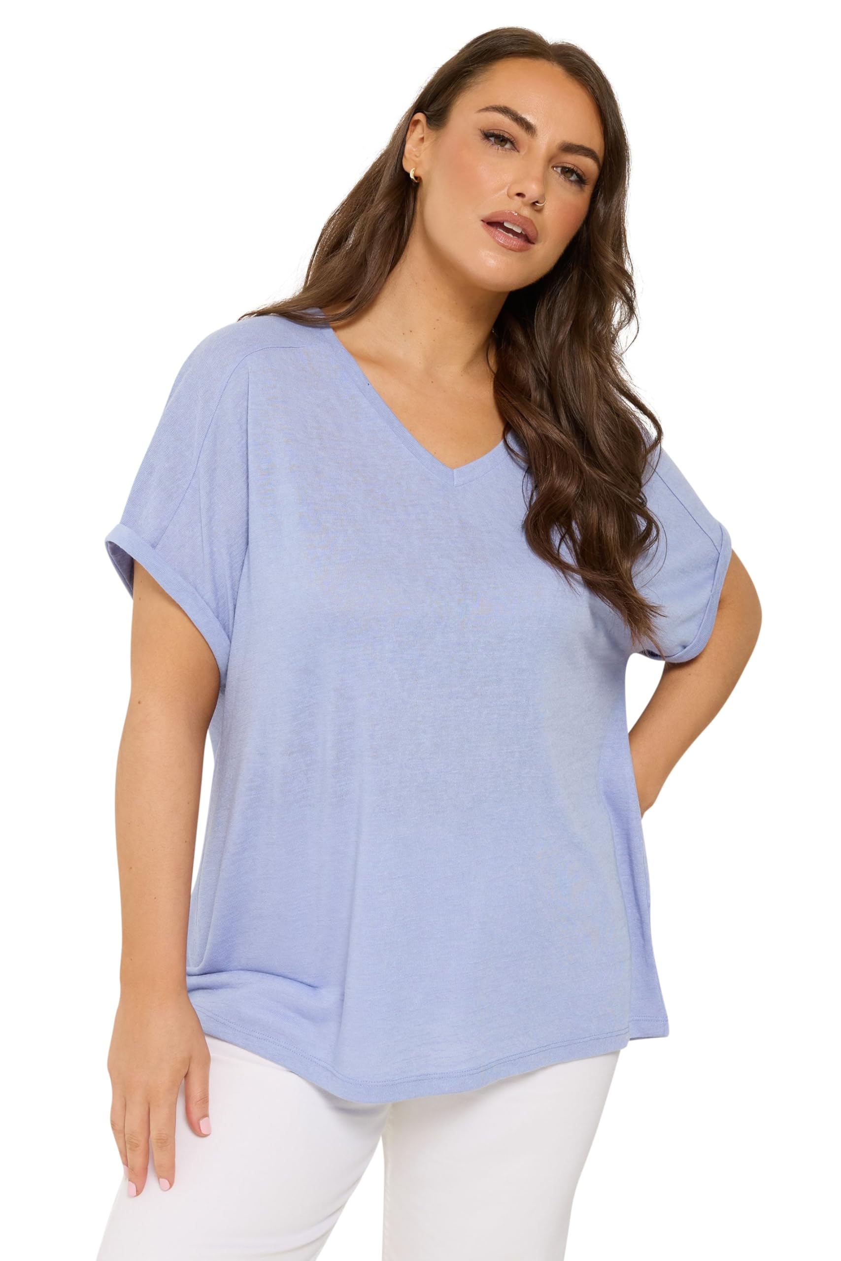 Yours Curve Premium Linen Look T-Shirt - Women's - Plus Size Curve Light Blue