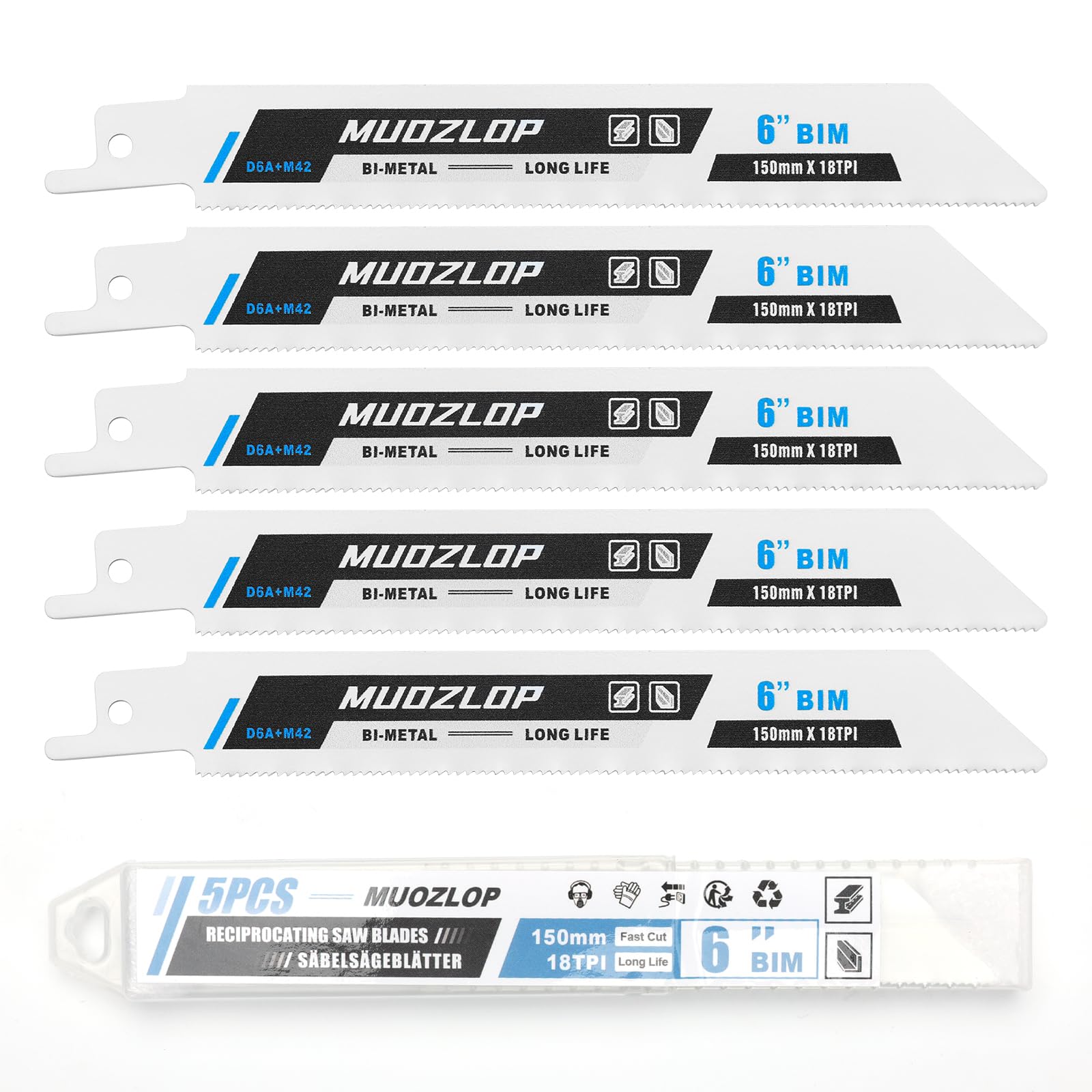 MUOZLOP 5 Pack 6 inch Reciprocating Saw Blades Set,18 TPI High Carbon Saw Blades, Metal Saw Blades with Organizer Case (5, 18TPI/150mm)