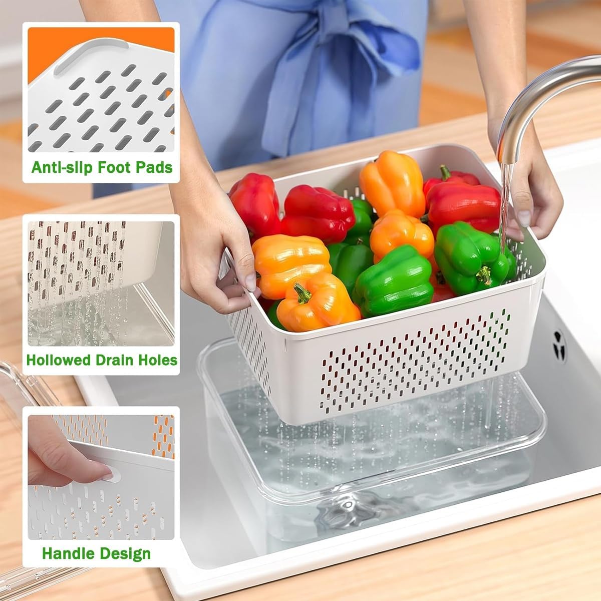 4 In 1 Food Storage Container, Household Transparent Plastic Food Storage Box-including Drain Baske, Multifunctional Airtight Container For Vegetables & Kitchen Organization