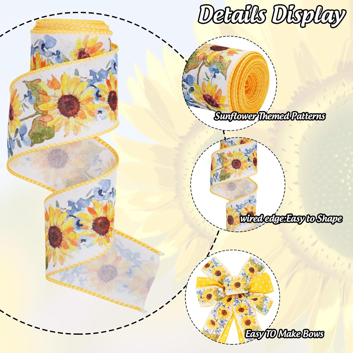 Sunflower Dot Wired Edge Ribbons Spring Summer Floral Gift Wrap Ribbon Yellow White Flower Craft Ribbon for DIY Crafts Wreath Bow Making Wrapping Party Decor Supplies, 2 Rolls, 20 Yard image 3