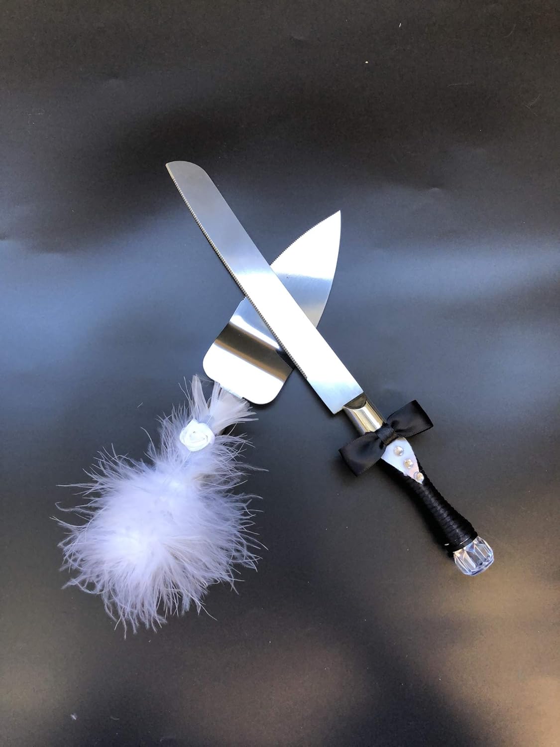Abbie Home Wedding Champagne Toasting Flute - Feather Dress Mini Suit Decorated Bride and Groom Glasses, Set of 2 (Black Cake Knife Set)
