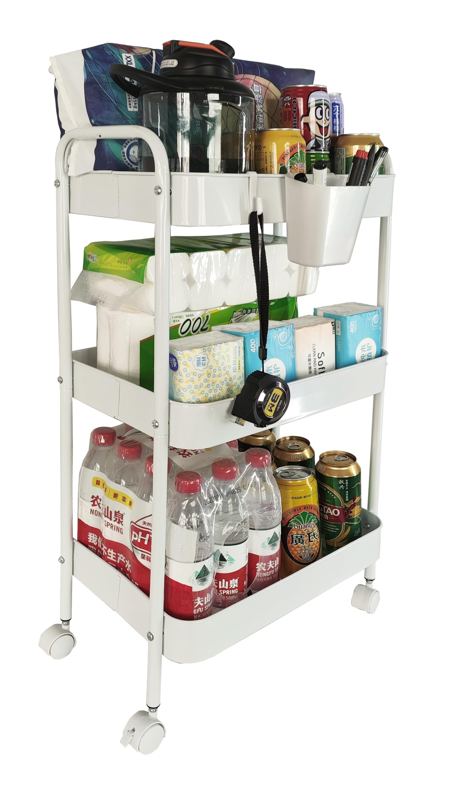 A hollow rectangular cart with a steering wheel can be used in offices, under desks, kitchens, and balconies to store snacks, public goods, daily necessities (White-3)