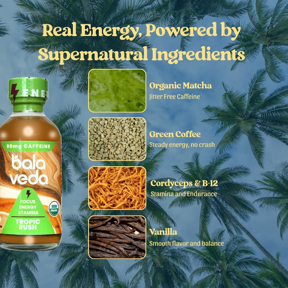 balaveda Tropic Rush Energy Shot with Organic Matcha, L-Theanine, Cordyceps, Eleuthero, and Vitamin B12 – Mint Pineapple Flavor – Clean and Sustained Energy Support – 2 Fl Oz Bottles (Pack of 12)