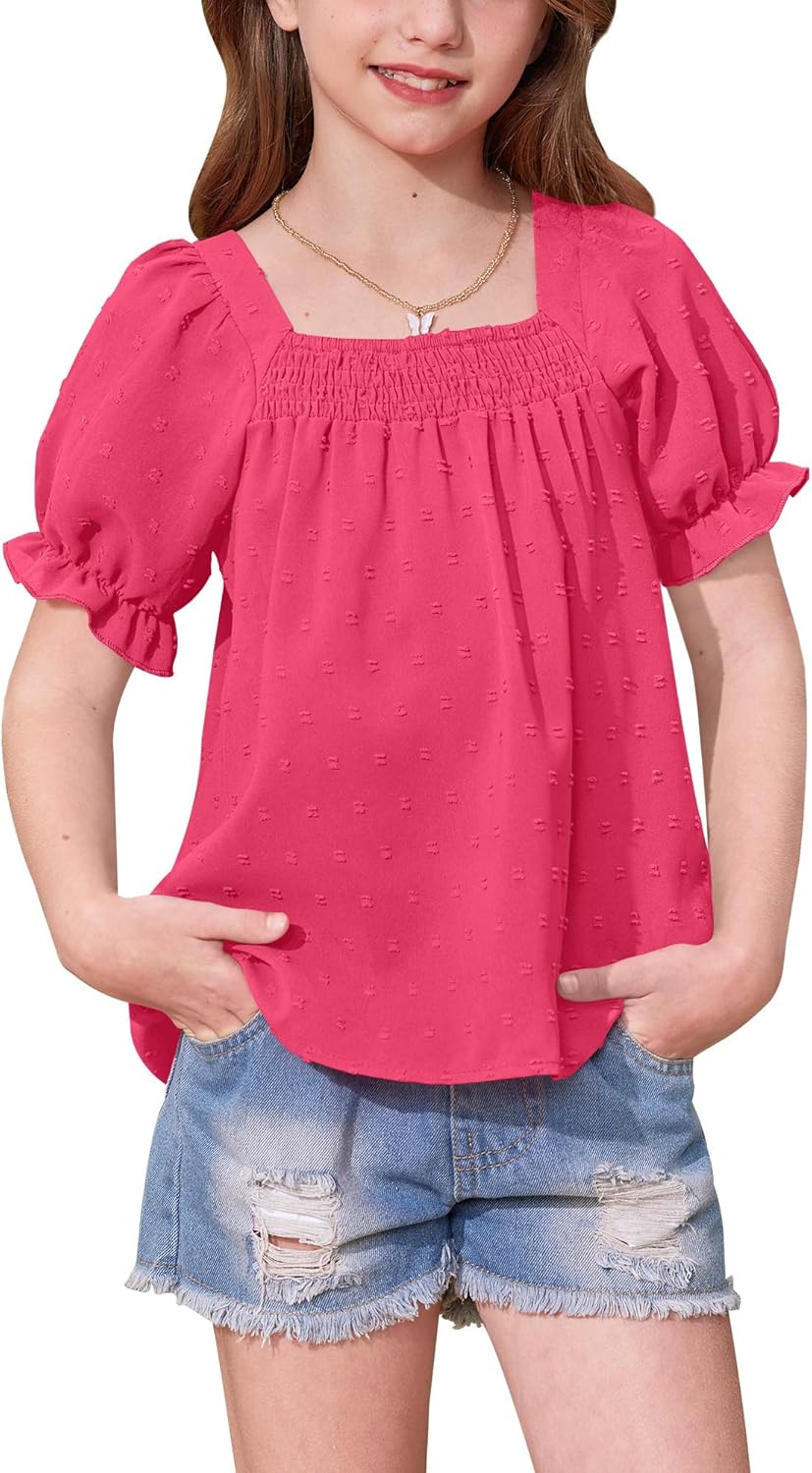 BesserBay Girls Summer Puff Short Sleeve Square Neck Tee Shirts Ruffle Smocked Blouses Cute Swiss Dot Tops 5-14 Years