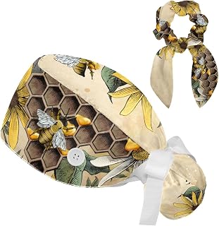 FVQL 2 Pieces Surgical Cap for Long Hair Scrub Cap with Hairband Nurse Cap, Painting Vintage bee and Flower