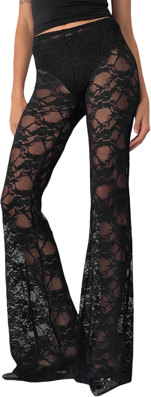 IWOLLENCE Womens Sexy Lace Flare Pants with Bottom High Waist Sheer Mesh Leggings