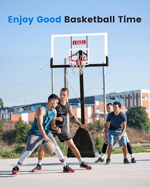 IGL Basketball Hoop Outdoor, 54-60 Inch Shatterproof Backboard, 7.5-10 FT Quick Height Adjustable Basketball Portable Hoops & Goals, Reinforced and Thickened Tube Iron Steel
