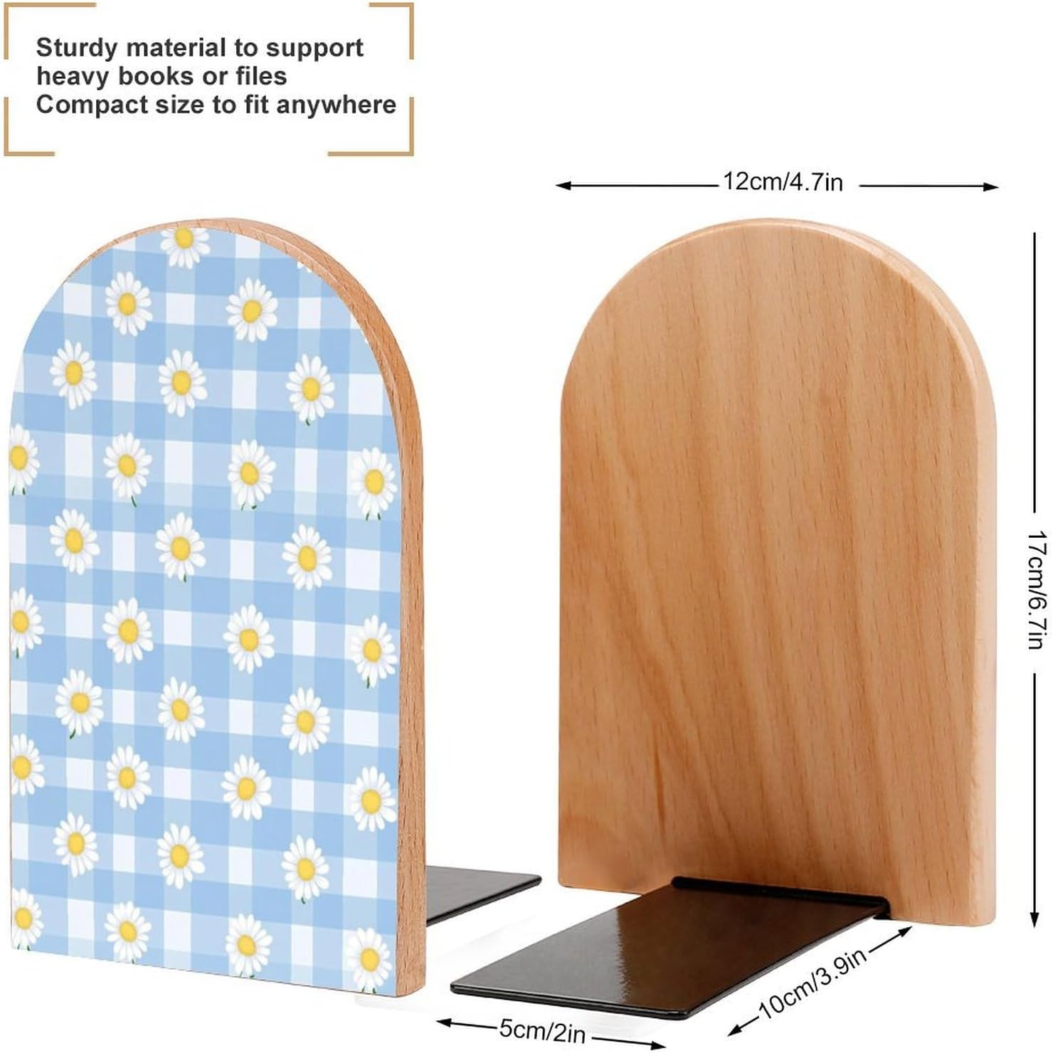 Daisy Flower Blue Checkered Cute Wood Book Ends Decorative Bookends 1 Pair Non-Skid for Shelves Home Office 7 X 5 Inch