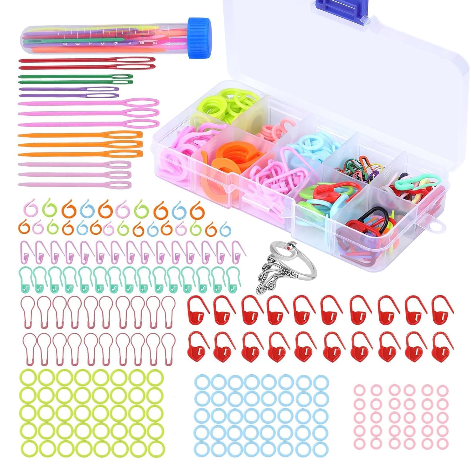 TIYETTIYI Stitch Markers 230pcs Crochet Stitch Markers Knitting Multi-Color Knitting Markers Large Eye Blunt Sewing Needles for Knitting Sewing Stitching Weaving with Storage Case