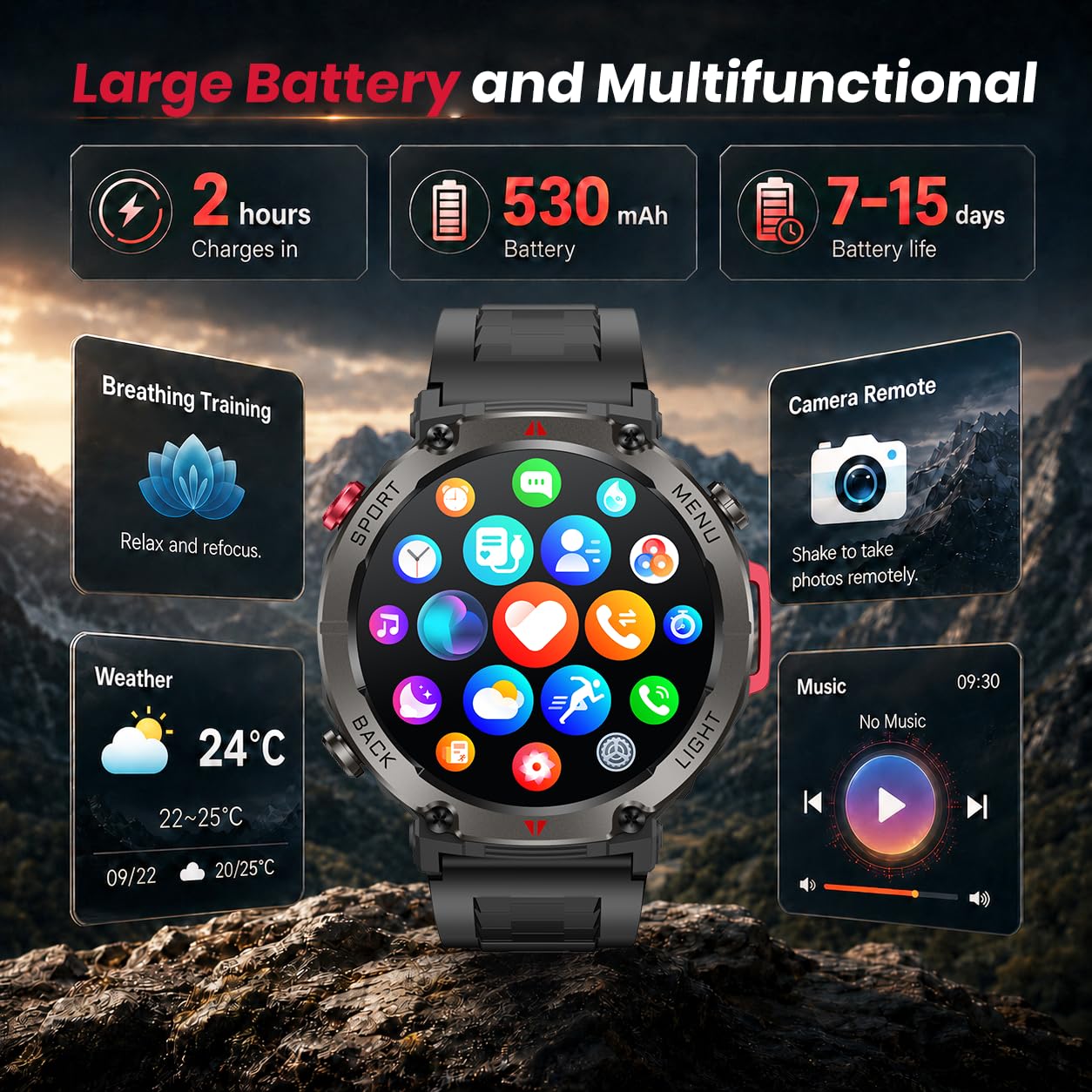Montre Connectée Homme Smartwatch GPS: 1.45" Montre Outdoor Sport Avec Boussole et Lampe Torche Autonomie 530mAh IP68 Étanche Appel Bluetooth Surveillance Fréquence Cardiaque et SpO2 pour Android iOS