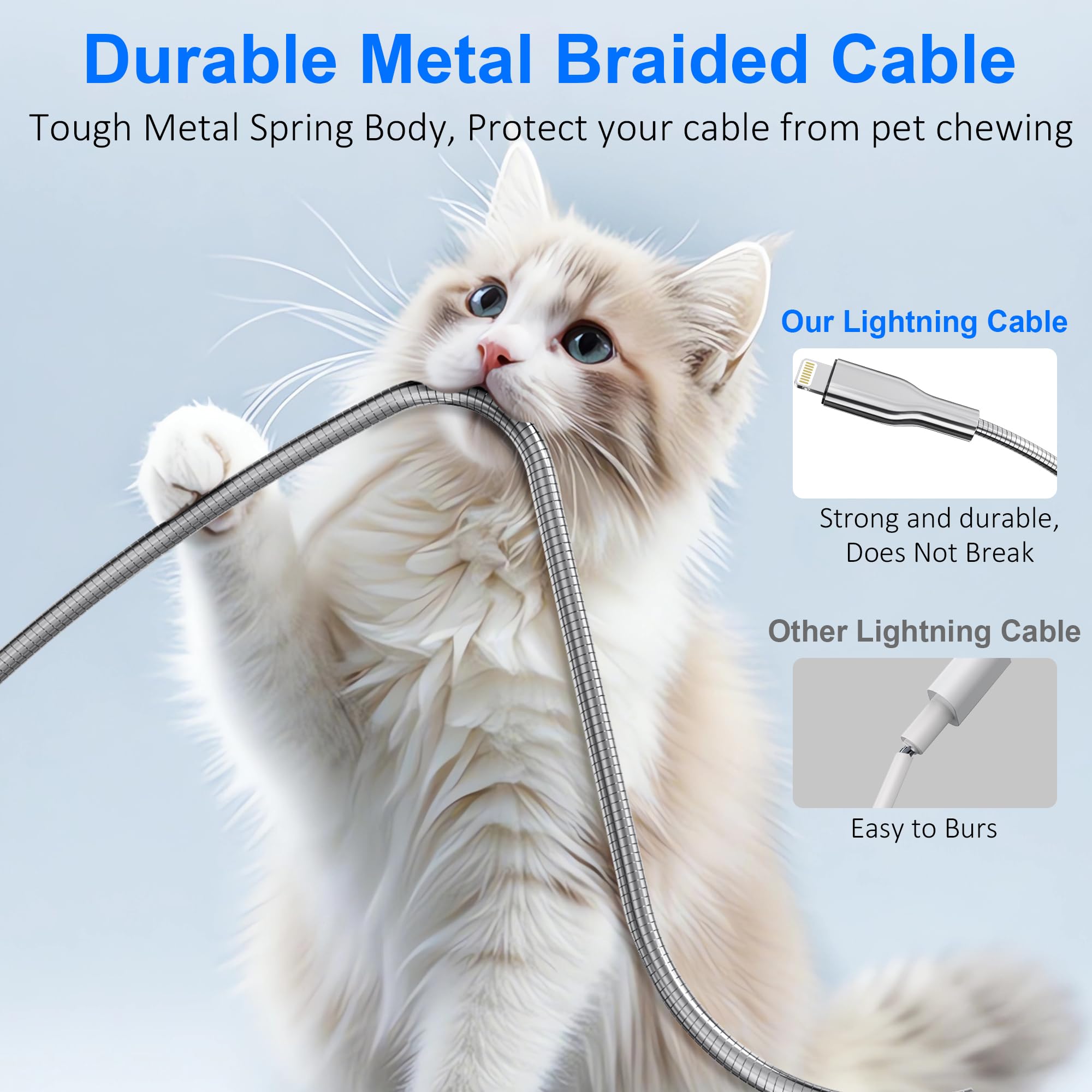 Cable de carga para iPhone a prueba de masticación, cable USB a Lightning certificado MFi, cable de carga trenzado de metal plateado para iPhone con carga rápida de 3 A, compatible con iPhone 14/13/12