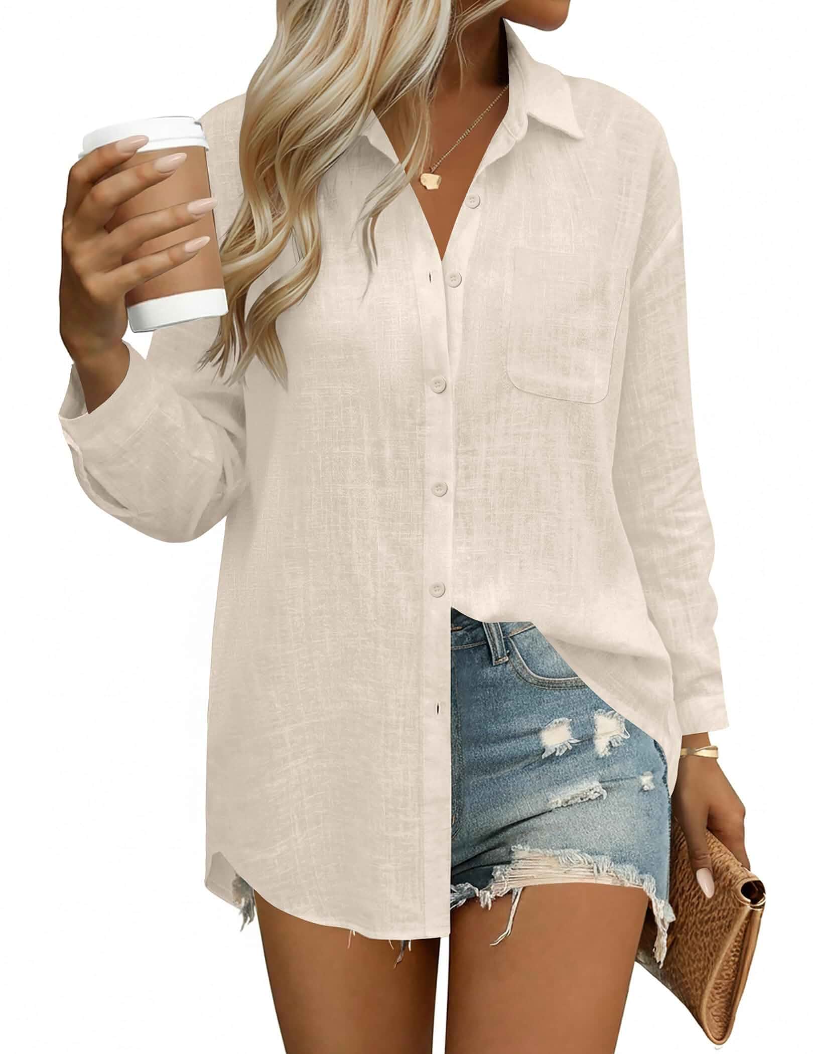 HOTOUCH Womens Button Down Shirts Linen Cotton Long Sleeve Blouse Loose Fit Chest Pocket Detail,Dressy Casual,Collared Gauze Tops,Lightweight,Solid Color & Floral Printed,Comfortable All Season