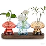 Glass Propagation Station for Plant: Mushroom Planter with Wooden Stand for Home Office Decor - Unique Propagation Jars for Plant Lovers - Set of 3 Hydroponic Mushroom Vases Gift for Mom
