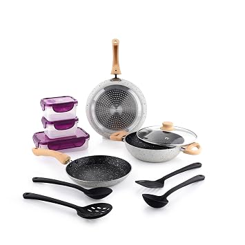 Crystal Aluminum 11 Pcs Non Stick Cookware Set with Induction Bottom | Tawa, Fry Pan, Kadhai with Lid, 4 Serving Spoons, 3 Containers | 4 Layer Non Stick Coating | PFOA Free | White