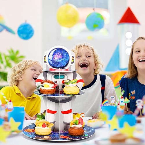 Miniatura 5 de Zopeal Soporte para cupcakes de astronauta espacial, decoración de fiesta de cumpleaños con temática espacial, 3 niveles, planeta, soporte para