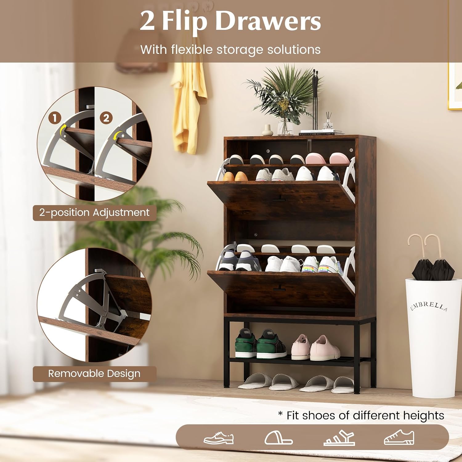Giantex Shoe Storage Cabinet - Hidden Shoe Organizer with 2 Flip Drawers, Adjustable & Removable Interior Shelves, Freestanding Narrow Shoe Rack Cabinet for Entryway Hallway, Rustic Brown