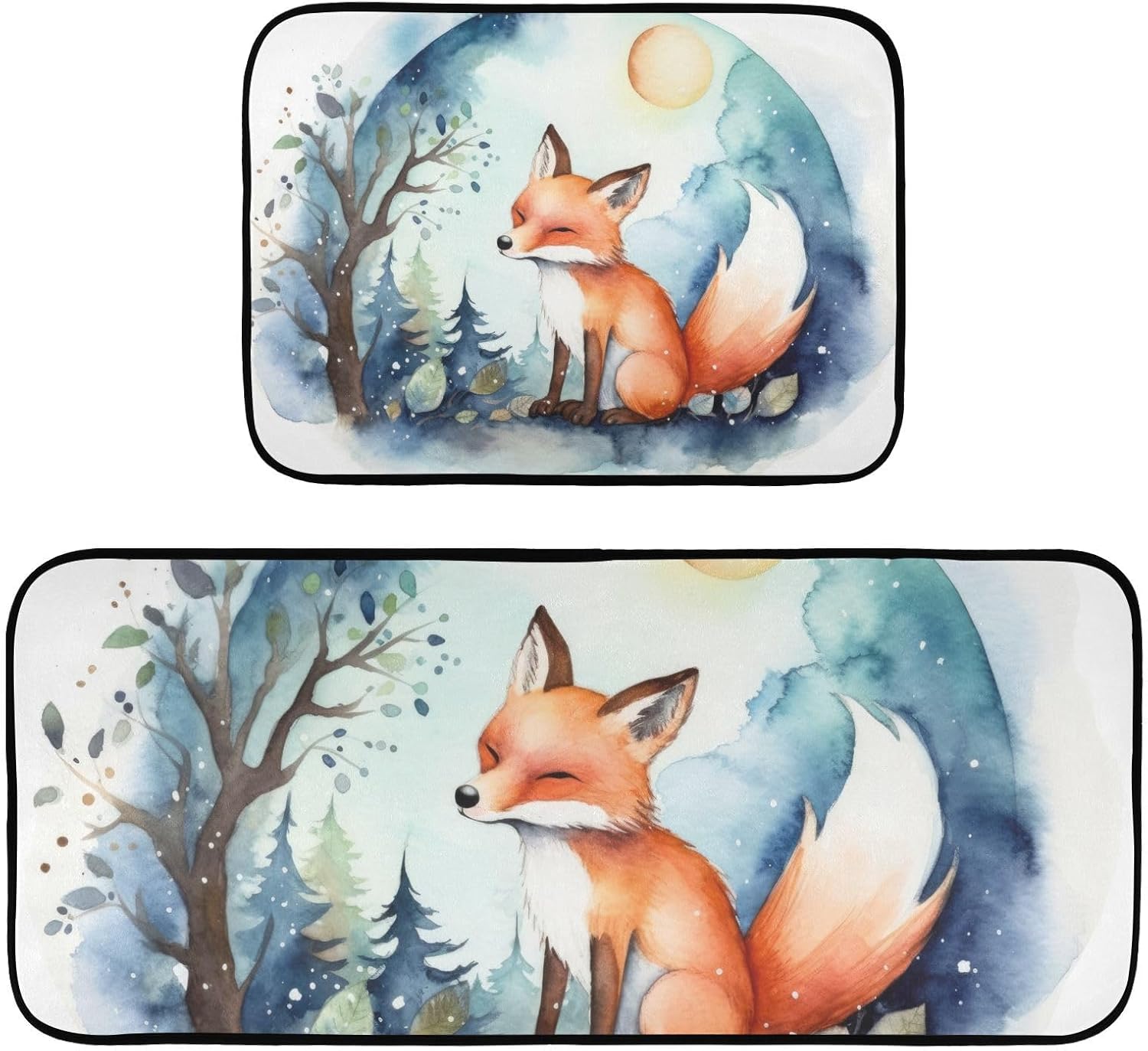 Watercolor Cute Fox Kitchen Mat 2 Pcs Set, Low Pile Kitchen Rugs Cushioned Water Absorbent Washable Floor Mats for Kitchen Sink Laundry Room
