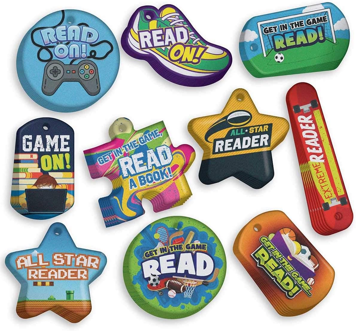 Game On Library or Classroom Reading Program for Kids & Students Brag Tags Value Pack: 100 Tags (10 Tags for Each Design) + 25 USA-Made Hypoallergenic Aluminum Safety Chains