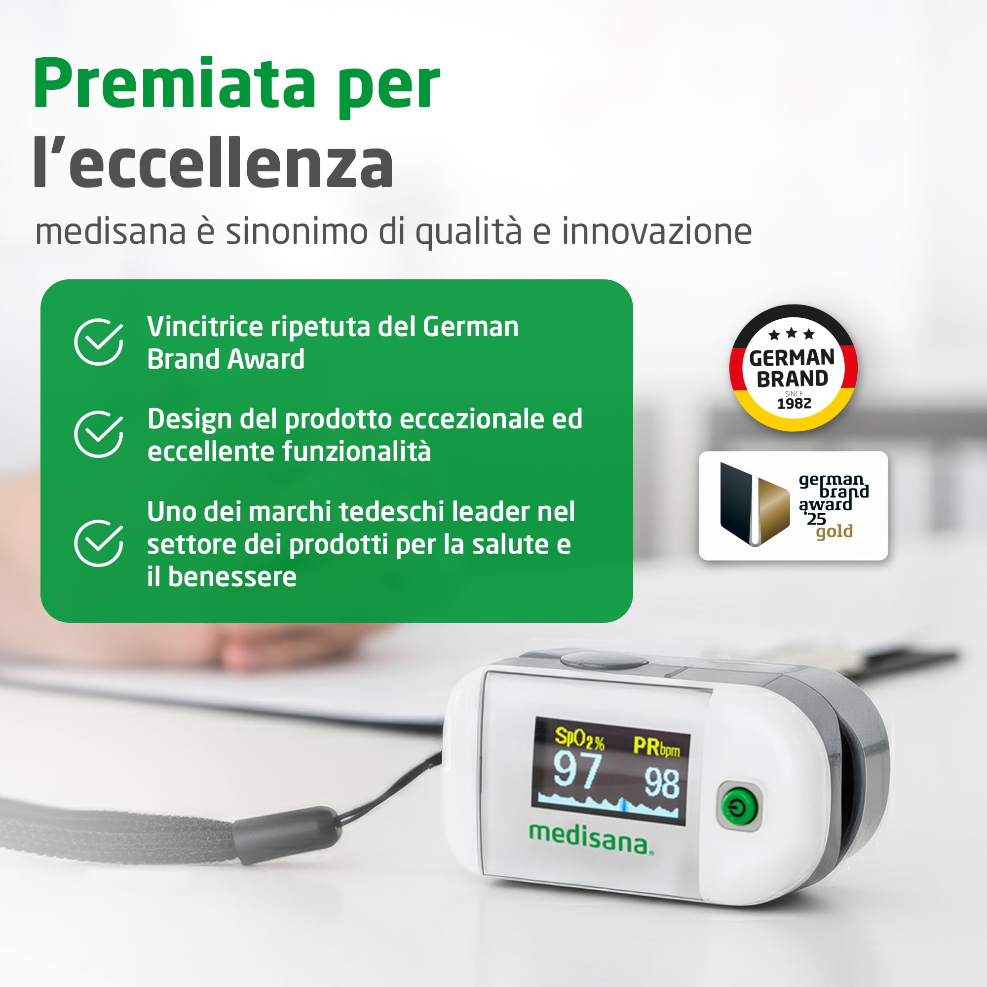 Medisana PM 100, misurazione di saturazione dell'ossigeno nel sangue, pulsossimetro da dito con display OLED e funzionamento one-touch