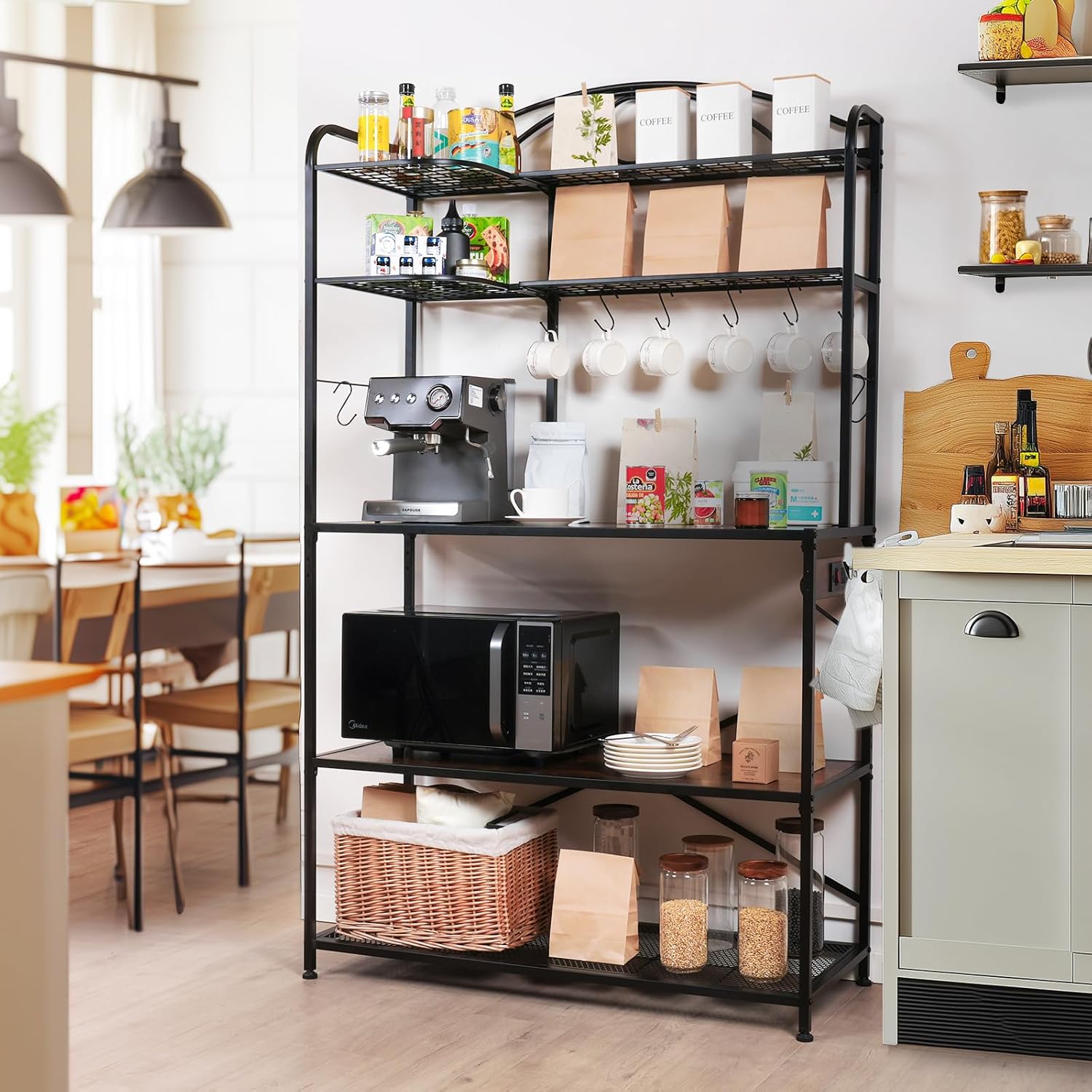 Large Bakers Rack for Kitchen, 40-inch Wide Coffee Bar Station with Power Outlet, 5 Tier Microwave Stand Storage Shelf with S-Shaped Hooks, Metal Frame with Brown Wood Tabletop