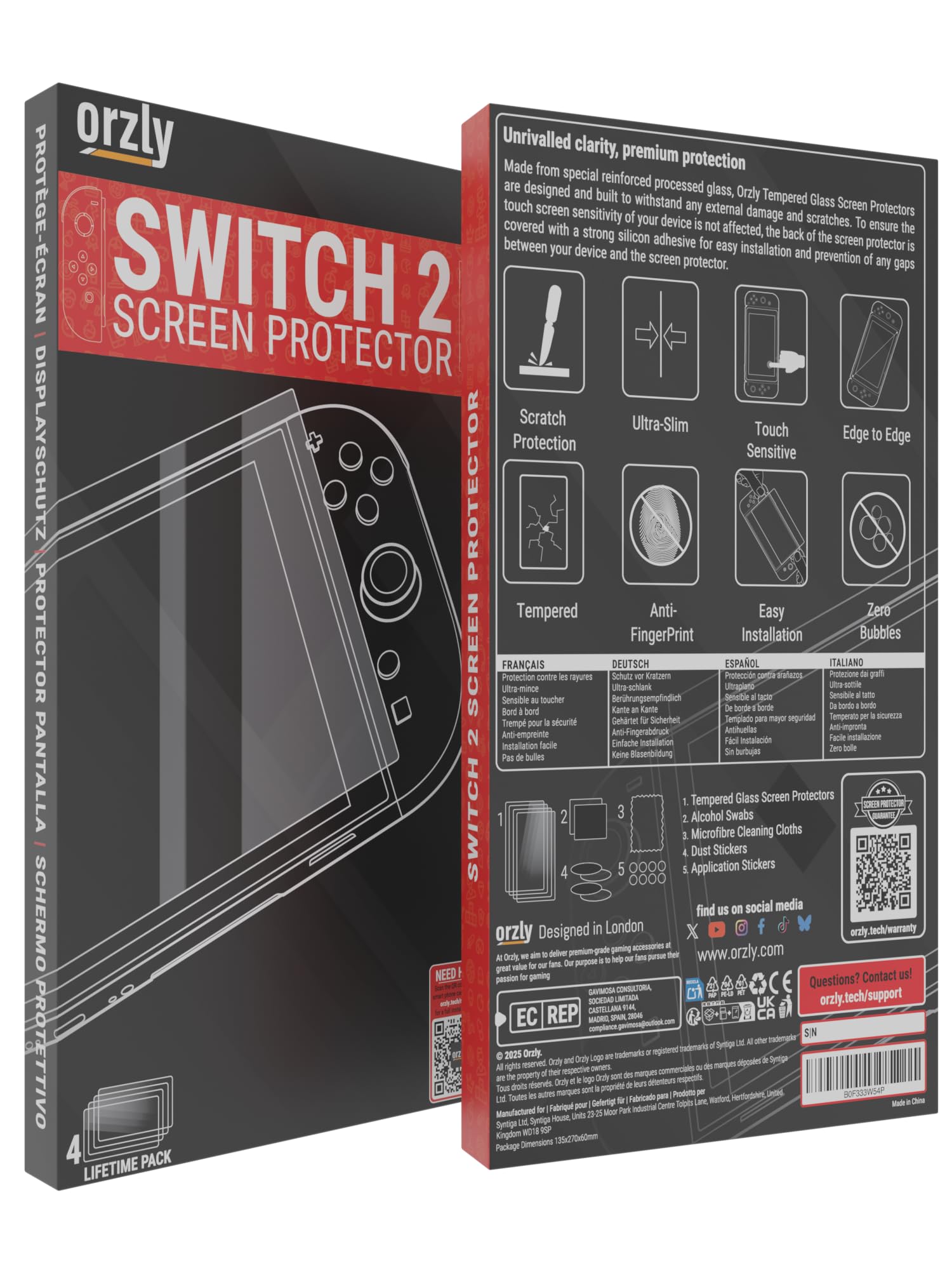 Orzly Lot de 4 protections d'écran en verre trempé compatibles avec Nintendo Switch 2, avec kit d'installation, verre 9H, installation facile en une seule touche, anti-rayures et sans bulles