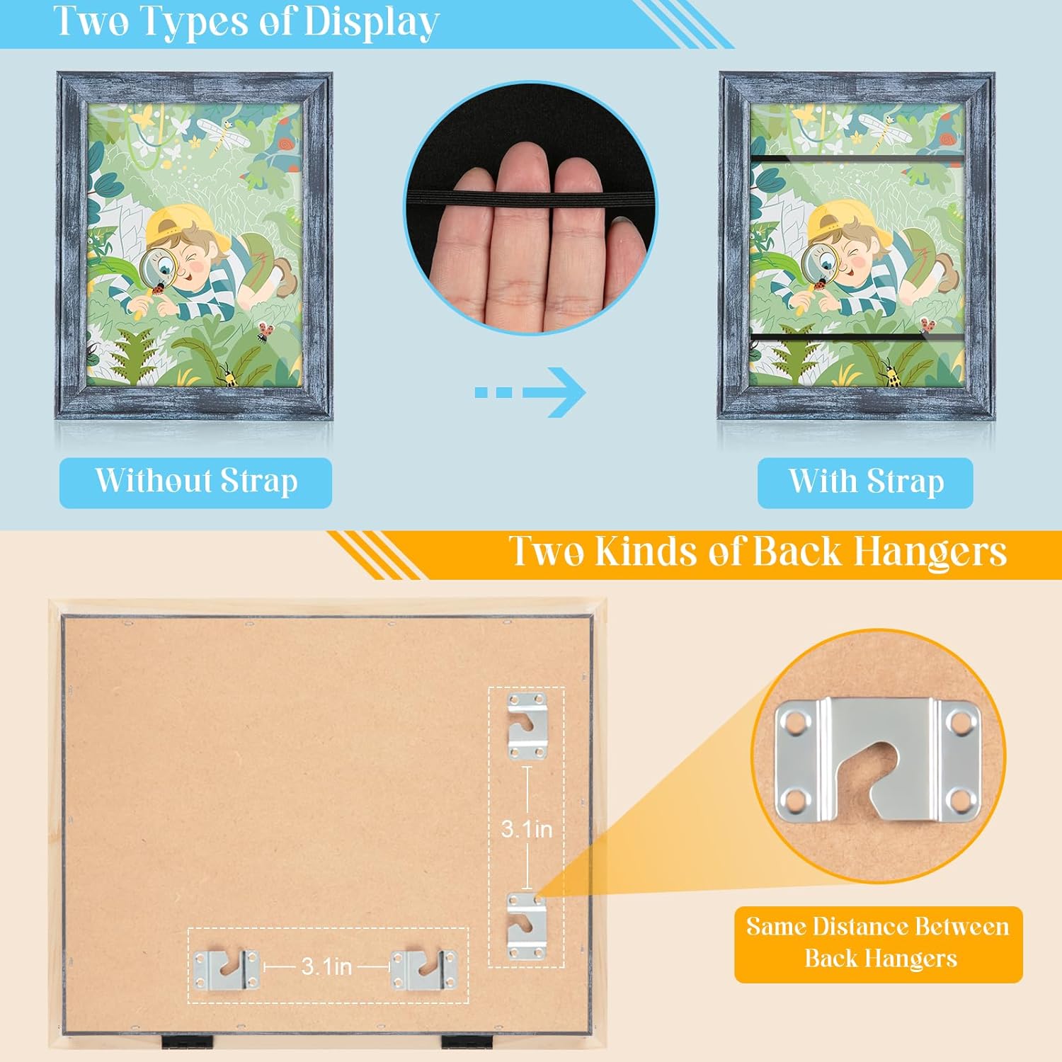 Kids Artwork Frames Changeable, [3Pack] [Solid Wood] Kids Art Frame, 9x12" Front Opening Artwork Display Storage Frame for Wall, Holds 150Pcs, for 3D Art, Crafts, Children Drawings, Hanging Art, Blue