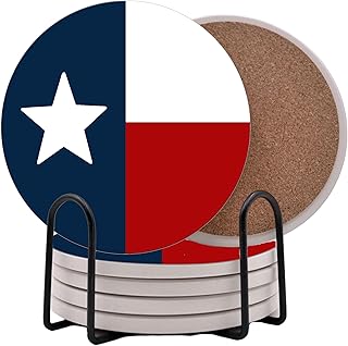 Texas State Flag Round Coasters Set of 6 - Abosrbent Ceramic with Metal Stand for Drinks, Coffee, Non-Slip Cork Back for Tabletop Protection, 4 Inches (Texas Flag)