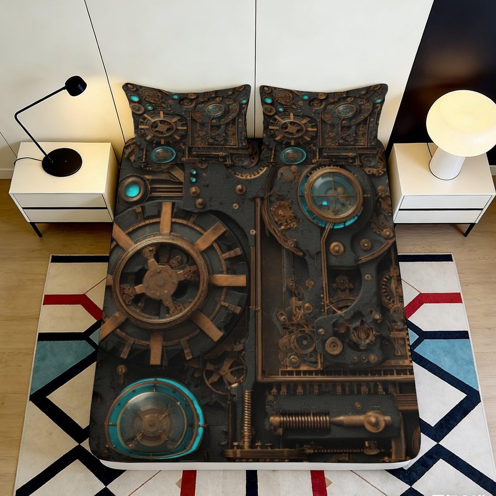 3D Printed Steampunk Gear Fitted Sheet Microfiber Soft Industrial Clockwork Bed Cover Bedroom Decor 90x200x25cm