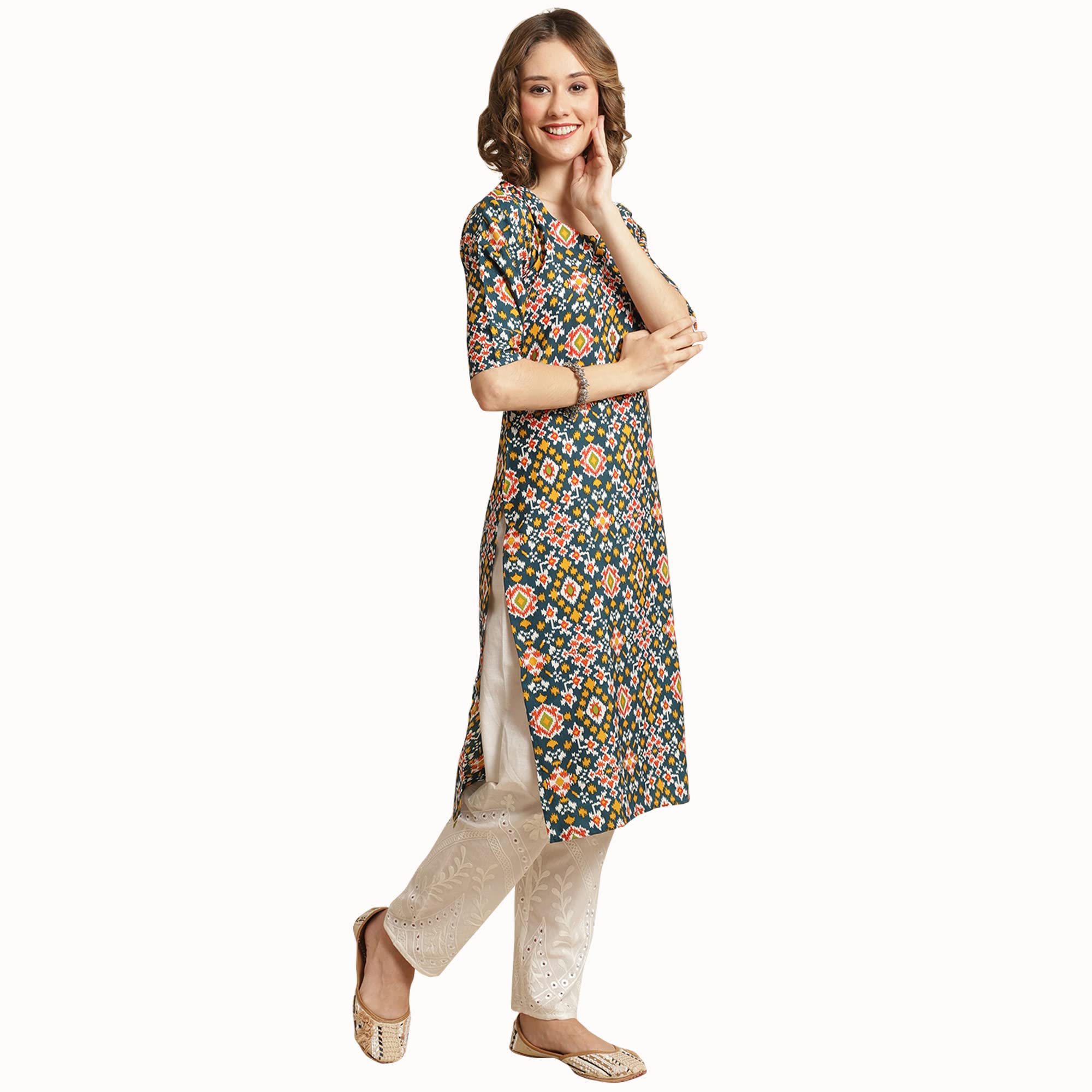 Pinkmint Women's Crepe Multicolor Ethnic Motif Printed Straight Kurti (530383-S)