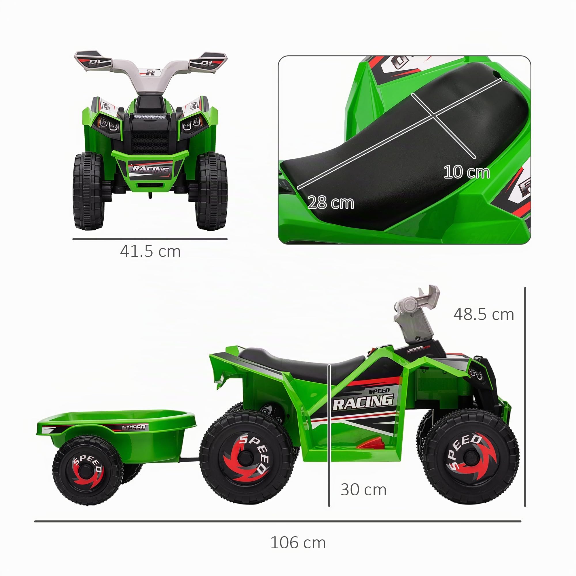 HOMCOM Quad Elettrico per Bambini con Rimorchio 6V per 18-36 Mesi Verde