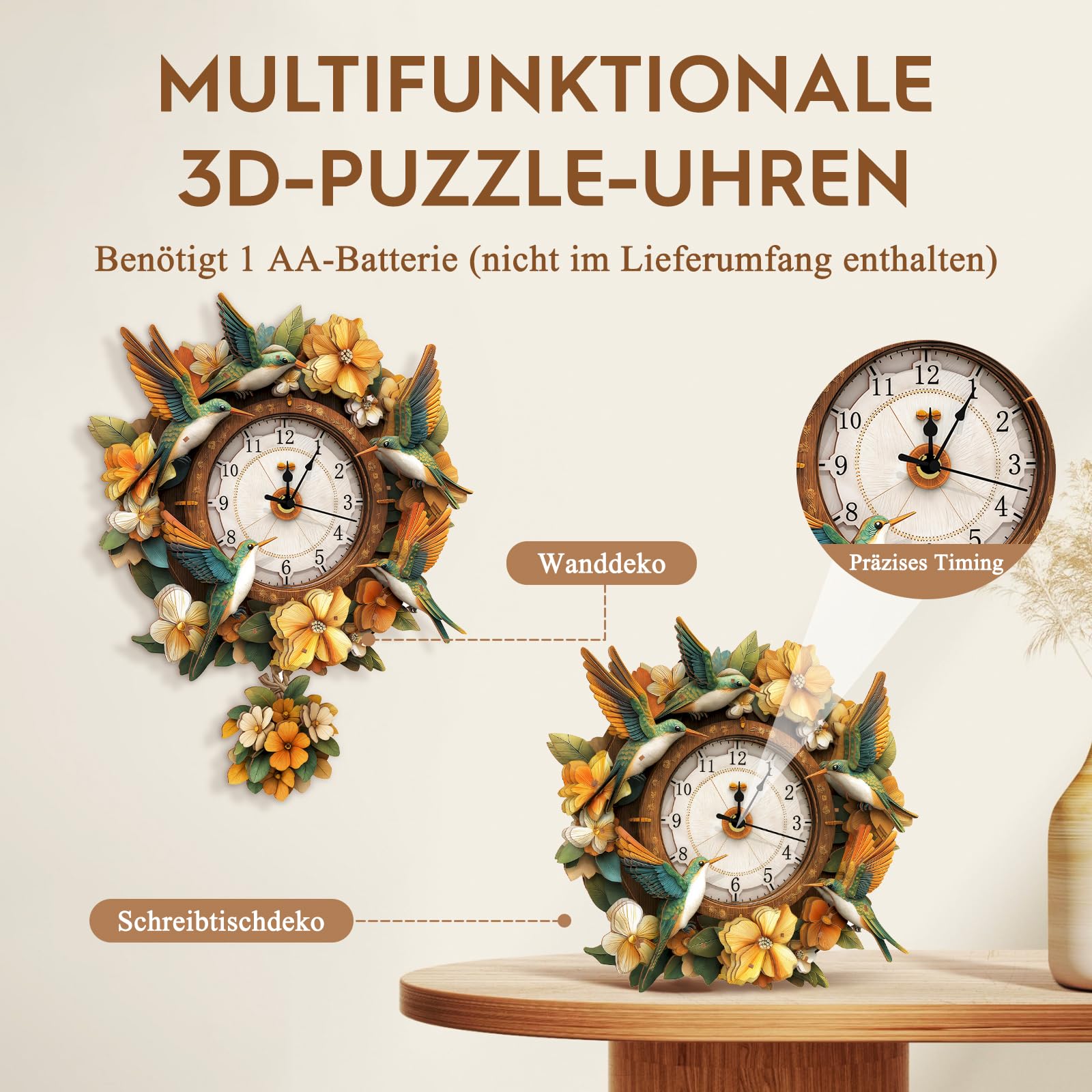 Cutywood Holzpuzzle Uhr, 3D Holzpuzzle Erwachsene, Kolibri Uhr – Ansicht 5