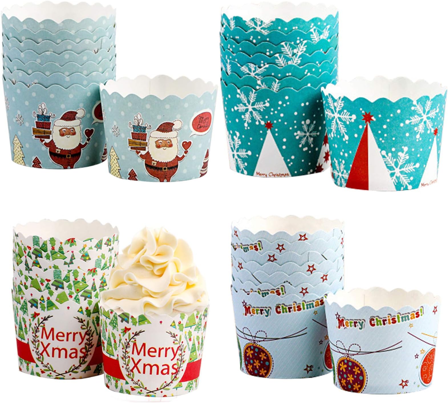 200 Pcs Christmas Cupcake Wrappers, Santa Reindeer Cupcake Wrappers Liners Baking Cups for Cake Muffin, Xmas Holiday Festival Party Supplies Blue