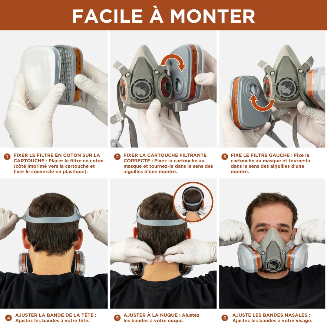 RHINO Housse de visage pour peinture, poussière, particules, produits chimiques, polissage machine vapeurs organiques, pollen et produits chimiques avec filtres cotons