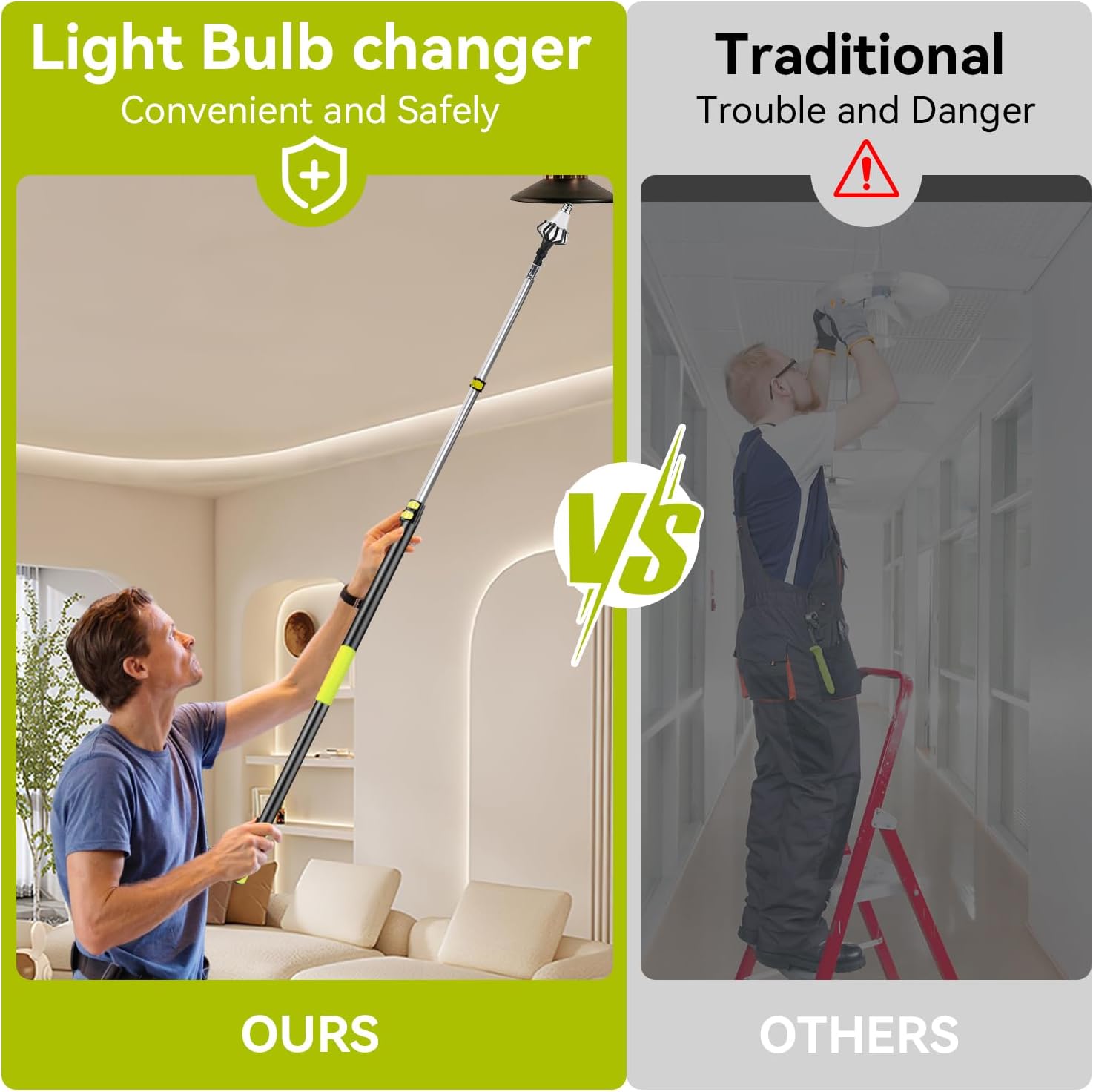 RuzRhyth 20FT Light Bulb Changer for High Ceilings with 4-12FT Telescopic Extension Pole 2 Plastic Baskets and Suction Cup for Recessed Lights, Light Bulb Removal Tool 3-12FT