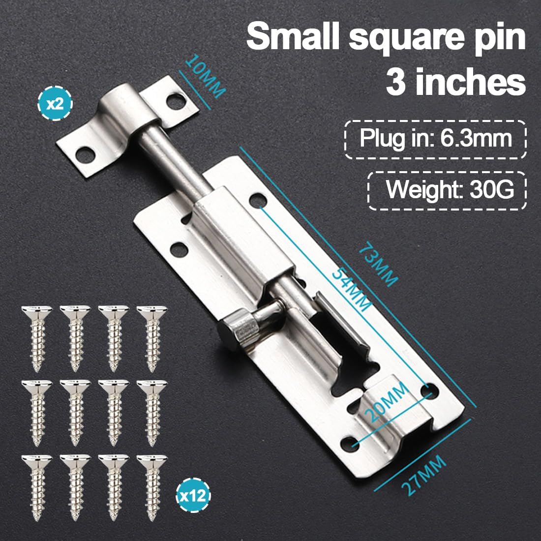 2 Pack 3 Inch Slide Bolt Latches with Brushed Finish, Includes 12 Screws