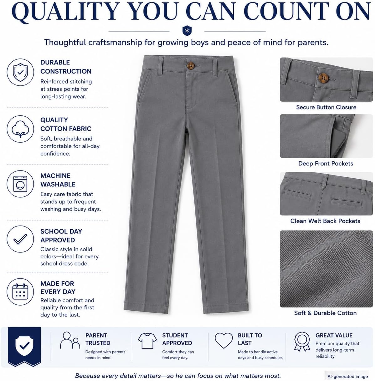 Bienzoe Boys School Uniform Pants: Adjustable Waist Flat Front