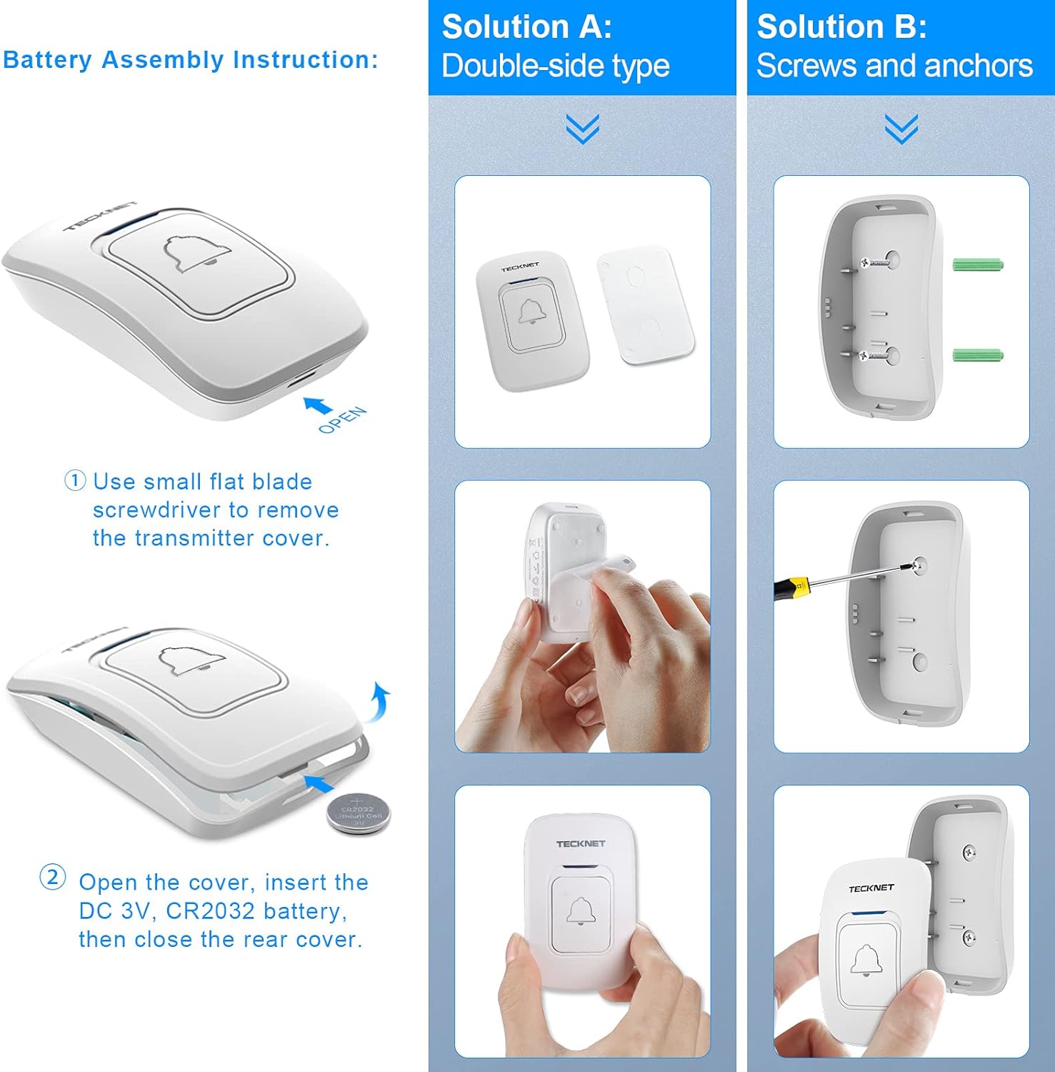 Wireless Doorbell, TeckNet Waterproof Wireless Door Bell Chime Kit with LED Light 1 Receiver and 1 Push Button Operating at 1300 Foot Range with 38 Chimes - - 