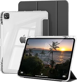 Case for iPad Pro 11 Inch M5/M4 (2025/2024) with Pencil Holder, Slim Lightweight Trifold Stand Protective Cover, Hard Clear PC Back Shell, Shockproof TPU Frame, Auto Wake/Sleep (Black)