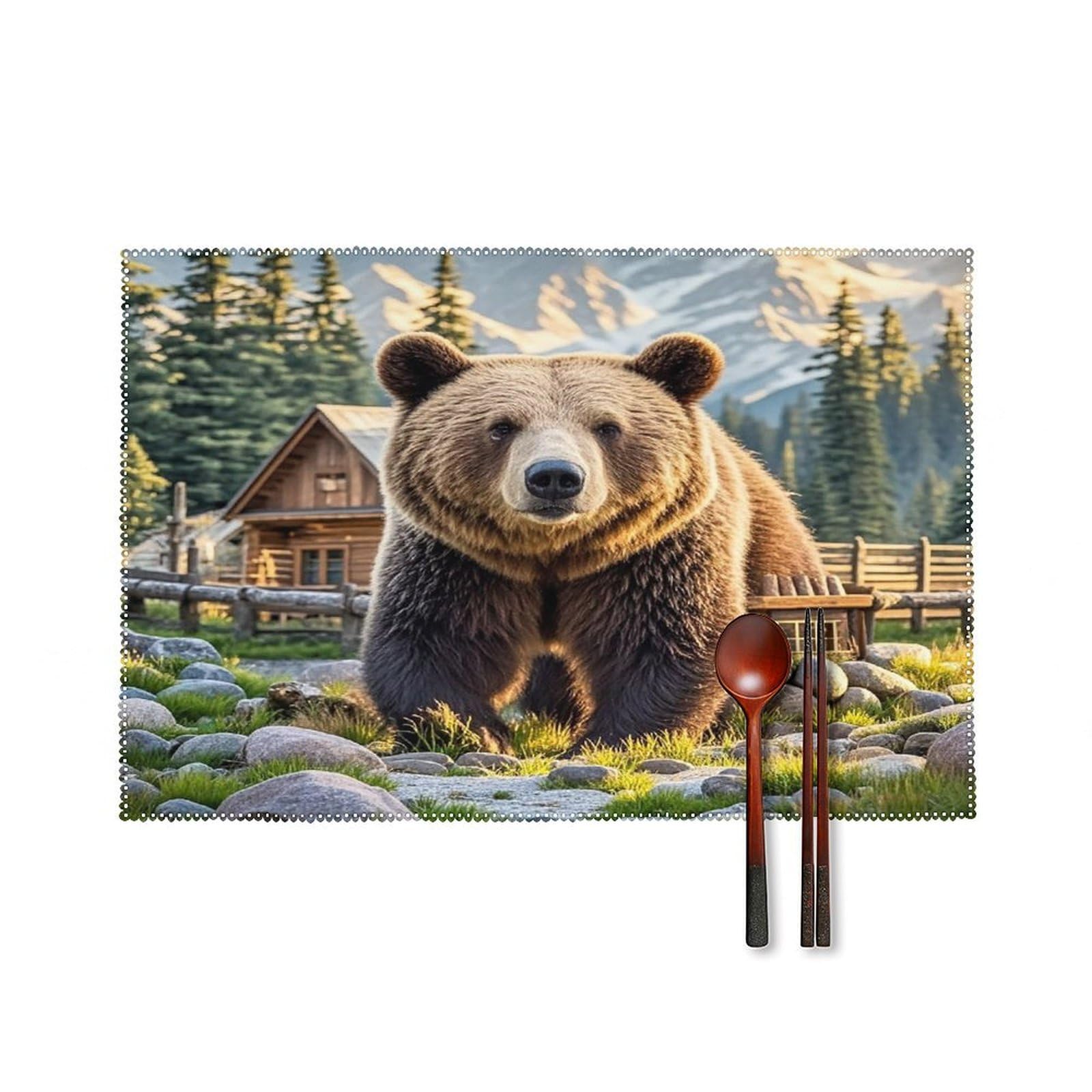 Rustic Lodge Bear Placemats Set of 6 Heat-Resistant Washable Place Mats Wipeable Kitchen Placemat Easy to Clean for Indoor Outdoor Party Kitchen Decoration