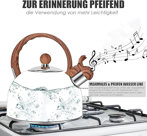Miniatura 6 de Estufa de tetera, 85 onzas2.5 L hervidor de té silbante para estufa, hervidor de agua de acero inoxidable de grado alimenticio con mango de patrón