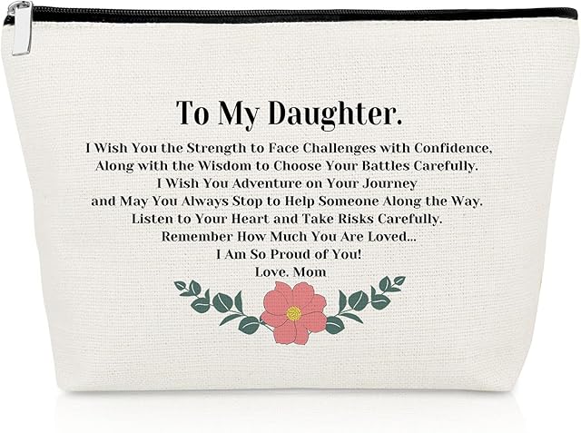 Gevody to My Daughter Gift Inspirational Gifts for Girls Makeup Bag Encouragement Women Stepdaughter from Mom Motivational Cosmetic Birthday Graduation Travel Toiletry Pouch, Off White