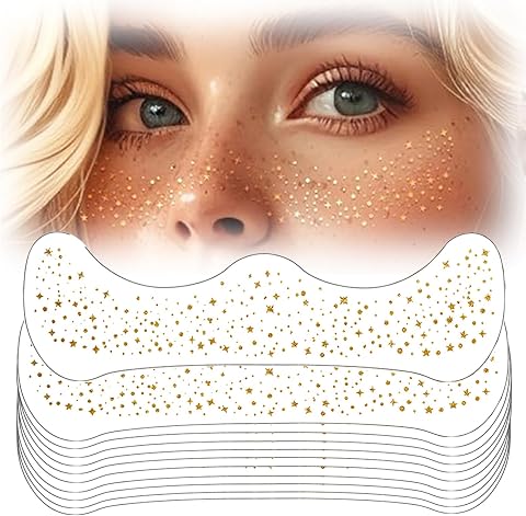 10 pcs Lentiggini Glitter Tatuaggio Facciale,Tatuaggi Glitterati Temporanei,Tatuaggi Glitterati con Lentiggini, Pellicola Dorata, Design Impermeabile,Accessori per Feste-QBT019