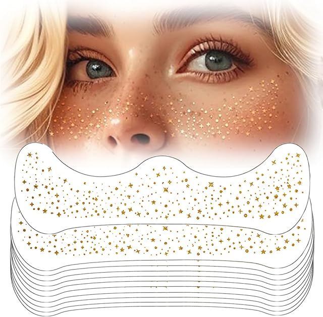10 pcs Lentiggini Glitter Tatuaggio Facciale,Tatuaggi Glitterati Temporanei,Tatuaggi Glitterati con Lentiggini, Pellicola Dorata, Design Impermeabile,Accessori per Feste-QBT019