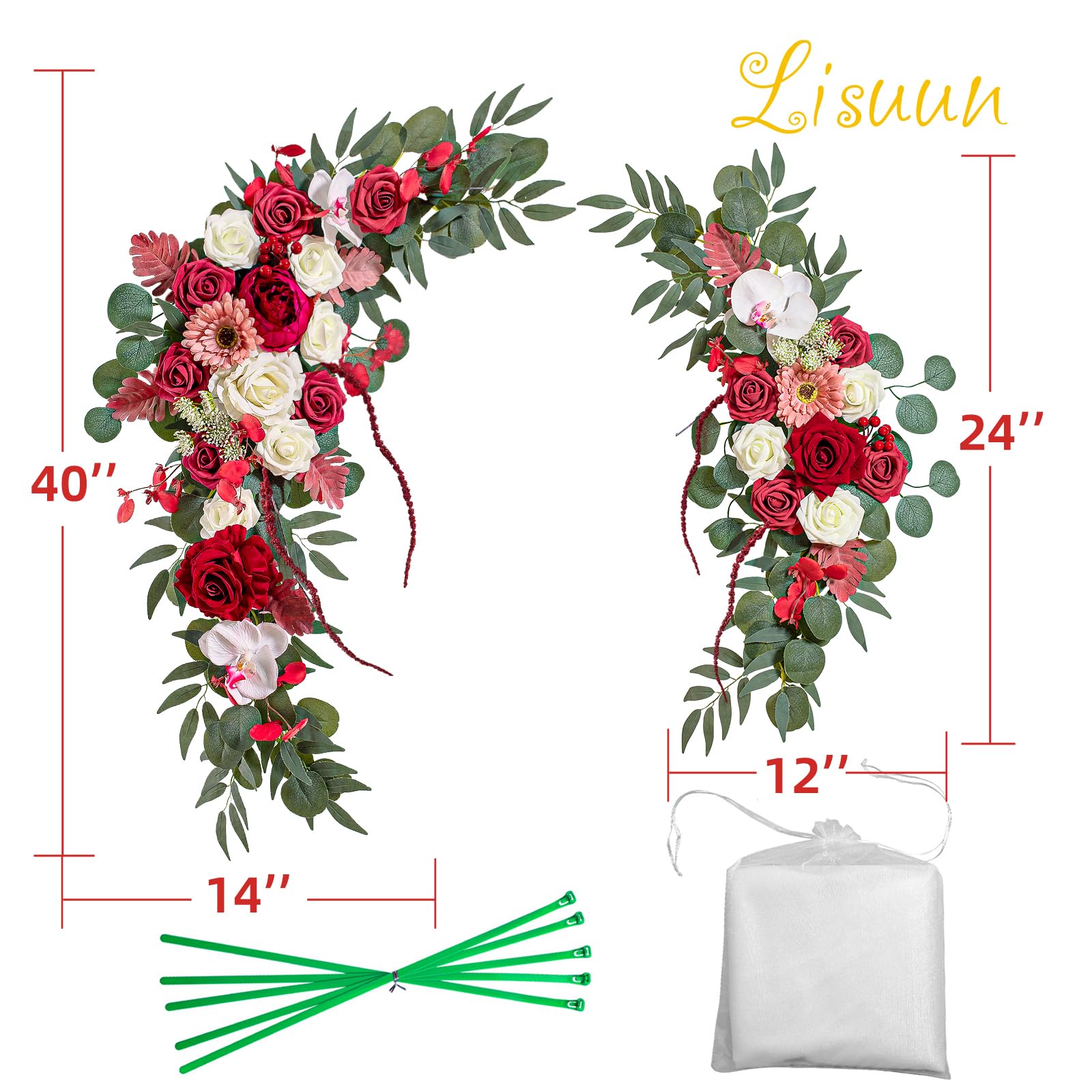 Lisuun Hochzeitsbogen Blumen, künstliche Blumen zur Dekoration, 2 Stück Blumenstränder und 1 Stück halbtransparenter Chiffon-Tischläufer, Hochzeitszeremonie, Blumendekor – 3 Stück