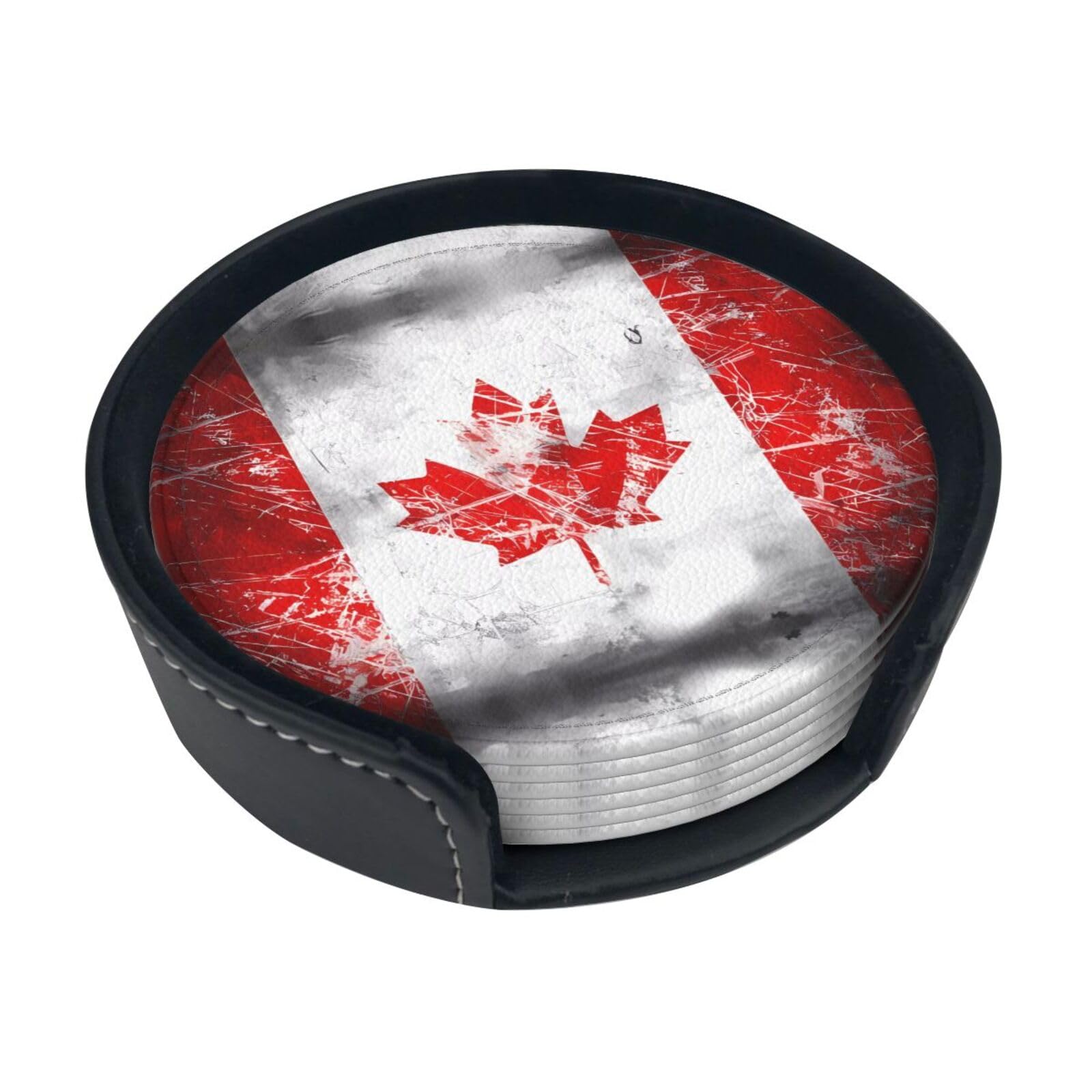 Retro Canada Flag Printed Coaster Set, with Holders, 6 Pieces. Suitable for Dining Tables, Kitchen Decor, and Coffee Tables.